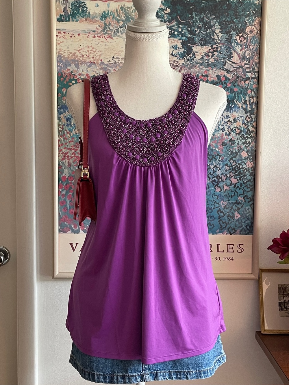 IZ Byer Babydoll Tank Top Womens Small Purple Beaded Neckline Fairycore Boho Y2K
